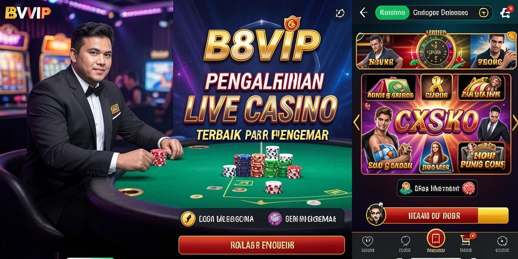 Screenshot utama B8VIP menampilkan dealer langsung yang ramah dalam permainan Live Casino.