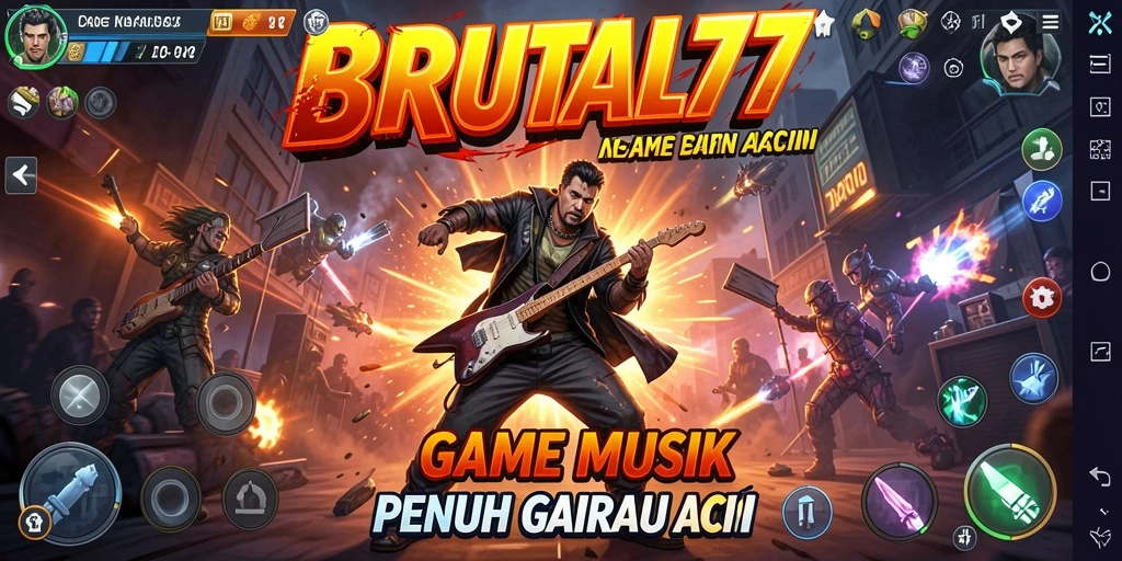 Tampilan gameplay <strong>BRUTAL77</strong> yang memukau dengan elemen musik yang penuh aksi.