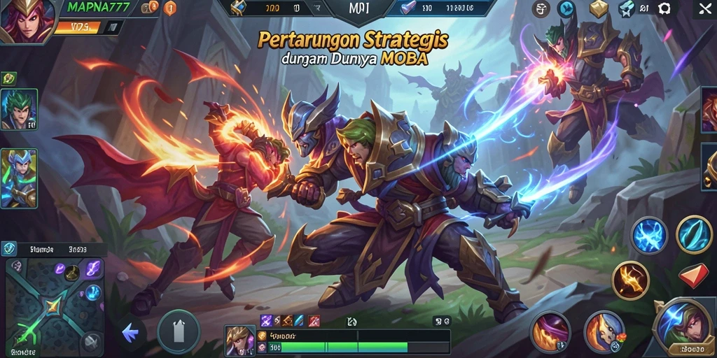 Tangkapan layar utama MAPNA777 menampilkan aksi pertarungan MOBA yang mendebarkan.