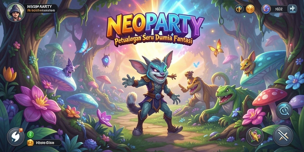 Tangkapan layar gameplay NEOPARTY menampilkan karakter menjelajahi dunia fantasi.