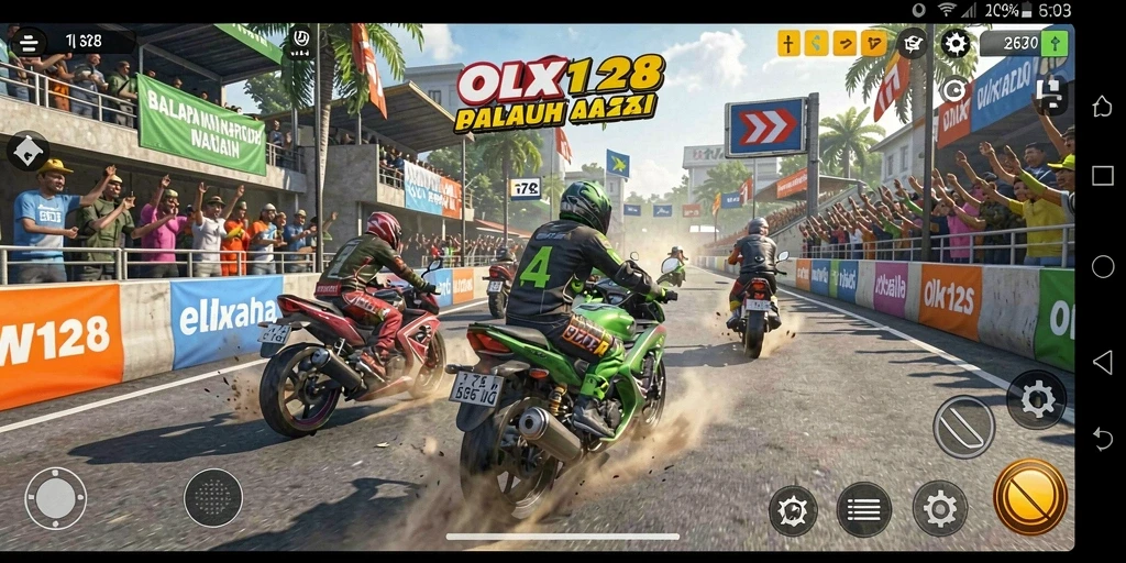 Screenshot OLX128 menampilkan aksi balapan motor yang seru dan menegangkan.