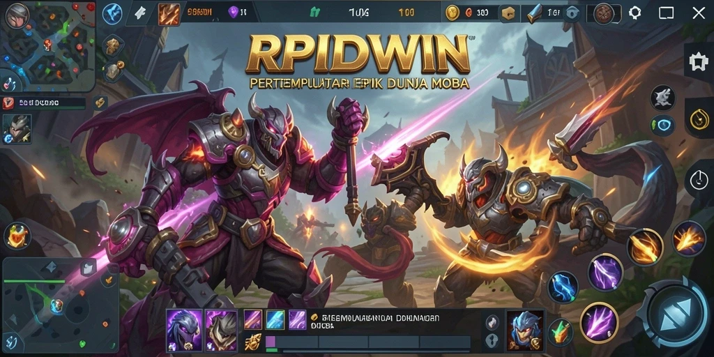Tampilan gameplay RPIDWIN yang intens dan strategis dalam dunia MOBA.
