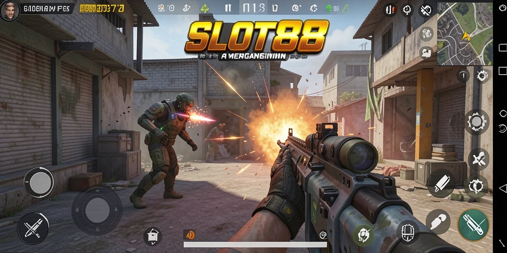 Tampilan sinematik dari aksi gameplay FPS yang mendebarkan.