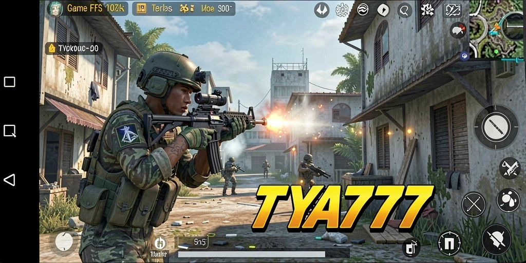 Screenshot gameplay TYA777 menampilkan aksi menembak yang intens.
