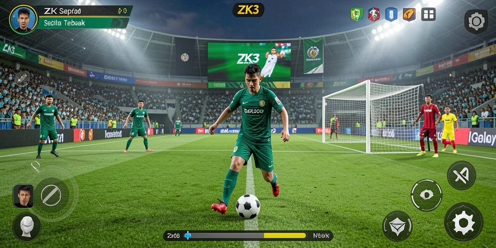 Tampilan gameplay seru di ZK3 dengan aksi sepak bola intens.